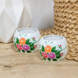 Hand-Painted Candleholder and Box Set, Natural Wood