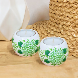 Hand-Painted Candleholder Set and Box, Floral Design, Natural Wood