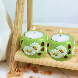 Hand-Painted Candleholder Set and Box, Natural Wood, Daisy and Ladybug Design