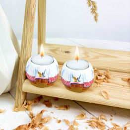 Hand-Painted Candleholder Set and Box, Natural Wood, Slavic Floral Design