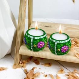 Hand-Painted Candleholder Set and Box with Ogovo Painting, Natural Wood