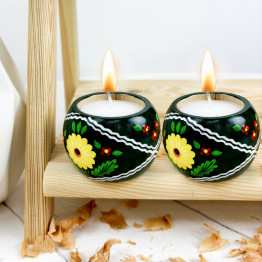 Hand-Painted Candleholder Set and Box, Natural Wood, Green Floral Design