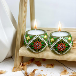 Hand Painted Wooden Gift Set Box And 2 Candle Holders