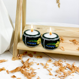 Hand Painted Wooden Candle Holder and Keepsake Green Box Set