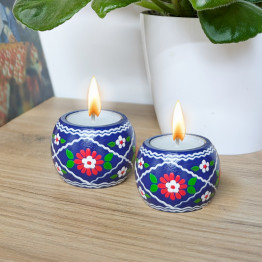 Hand-Painted Wooden Gift Set: Blue Ogovo Box and 2 Candle Holders