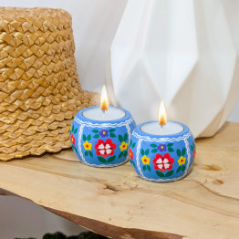 Hand Painted Wooden Gift Set Box and Candle Holders with Floral Pattern on a Blue Background