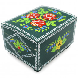 Hand-Painted Small Wooden Jewelry Box with Ogovo Floral Design on Green Background
