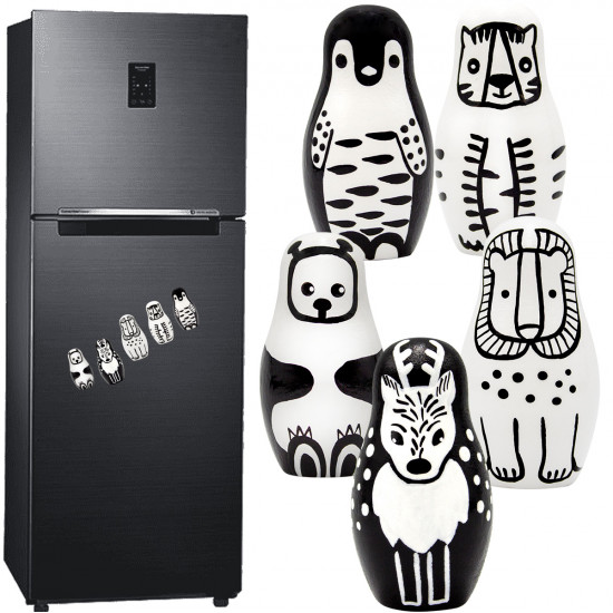 Black and White Fridge Magnets Set 5 pcs - Animals Matryoshka Dolls