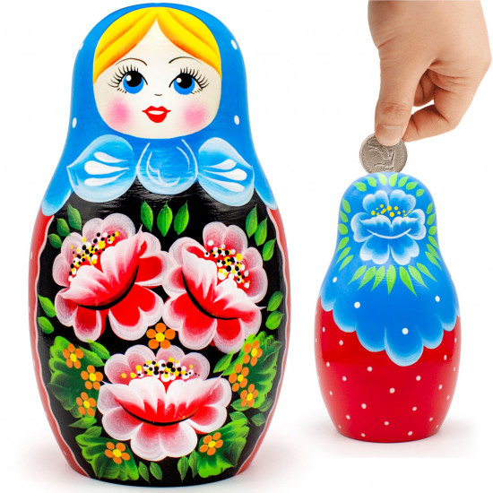 Matryoshka piggy bank in a blue headscarf and sarafan with roses - Wooden Money Bank