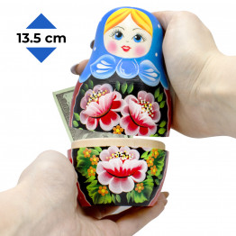 Matryoshka piggy bank in a blue headscarf and sarafan with roses - Wooden Money Bank