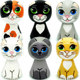 Set of wooden peg dolls featuring Cats, 6 pcs - Wooden Animal Figurines - Pretend Play Wooden Dolls Animals