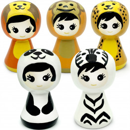 Wooden Peg Dolls Set of 5pcs Wooden Animals - Wooden Dolls Pretend Play Animal Figurines