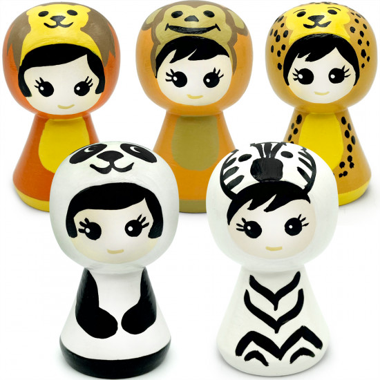 Wooden Peg Dolls Set of 5pcs Wooden Animals - Wooden Dolls Pretend Play Animal Figurines