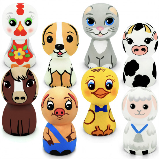 Wooden Farm Animal Figurines Set, Hand-Painted, 8 Pcs