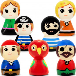 Wooden Set of Peg Dolls as Pirate Figurines, 7 pcs - Pirate Theme Wooden Peg People