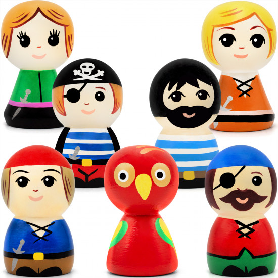 Wooden Set of Peg Dolls as Pirate Figurines, 7 pcs - Pirate Theme Wooden Peg People
