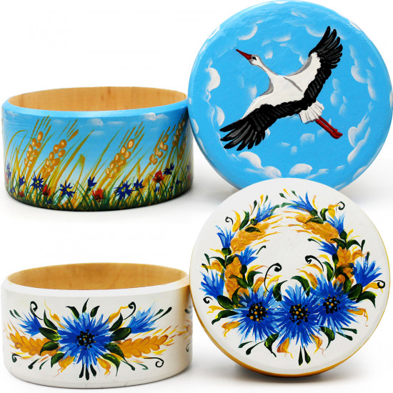 Hand-Painted Slavic Art Wooden Boxes Set with Stork and Cornflowers, 2 pcs
