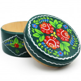 Hand-Painted Round Wooden Jewelry Box with Floral and Leaf Design