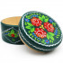 Hand-Painted Round Wooden Jewelry Box with Floral and Leaf Design