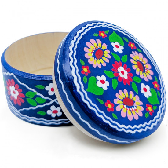 Hand Painted Blue Round Wooden Trinket Box Stsepanida with Floral Folk Design