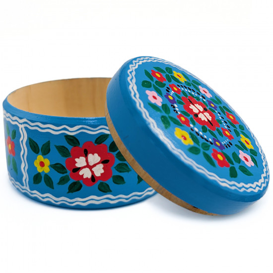 Round Hand Painted Wooden Jewelry Box with Floral Art "Kremno"