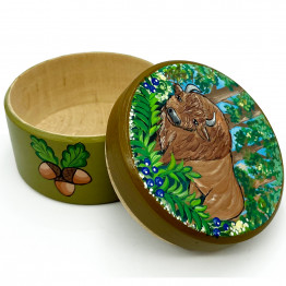 Round Wooden Jewelry Box with Hand Painted Belorussian Bison Ornament - Storage Trinket Box with Lid Bison Decor