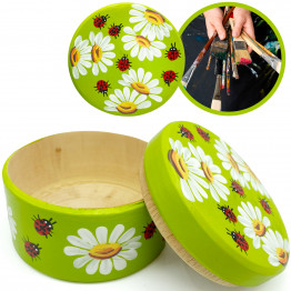 Wooden hand painted gift box for small presents with daisies and ladybugs