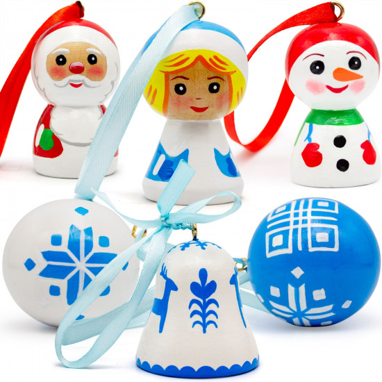 White and blue Christmas ornament set Belarusian ornament 6 pieces