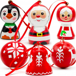Red Christmas Decorations for Tree, 6 pcs - Christmas Wood Peg Dolls with Belarusian Ornament